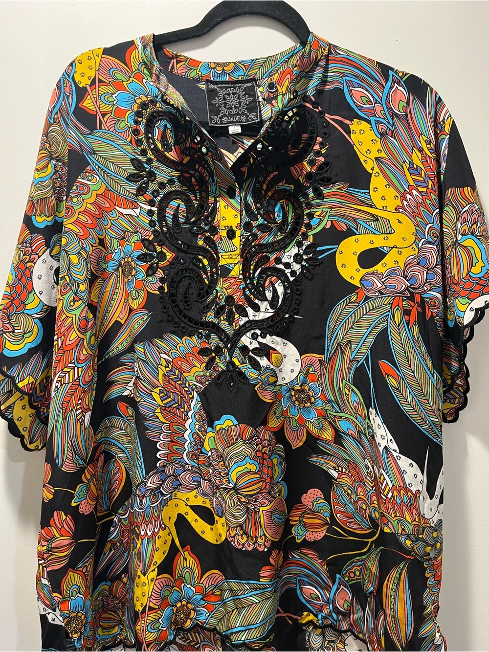 Johnny Was Silk Colorful Embroidered Floral-Print Tunic Top - Black/Yellow/Multi